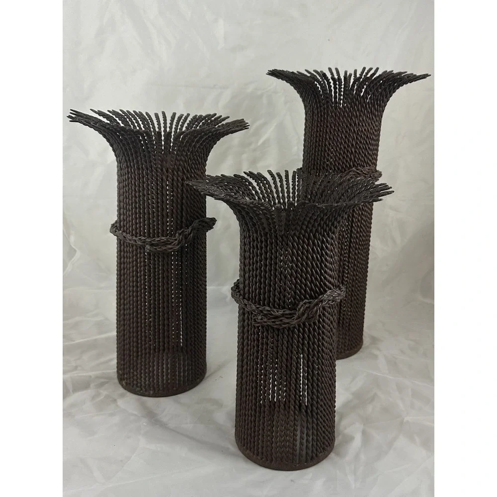 Rustic Metal Wrought Iron Pillar Candle Holder Wheat Stalk Bundles Twisted Heavy